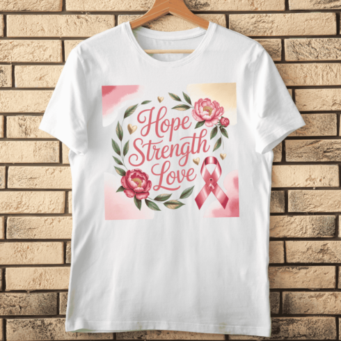 Hope Strength Love Typography with Peony Flowers T-shirt Design cover image.