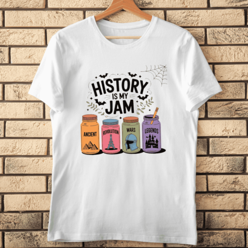 History Teacher with Spooky Jam Jars T-Shirt Design cover image.