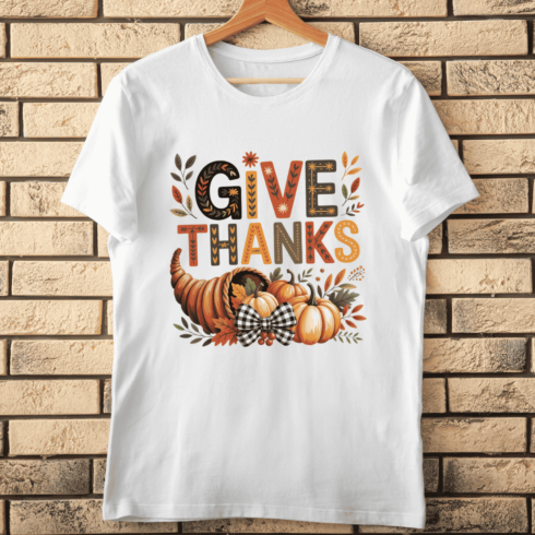 Festive Fall with Pumpkins and Leaves T-shirt Design cover image.