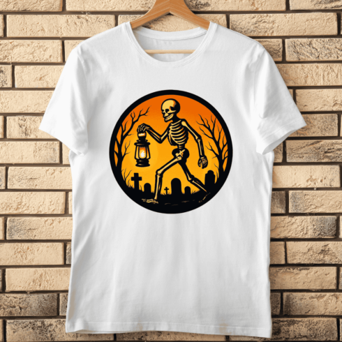 Skeleton Holding Lantern in Graveyard at Night T-shirt Design cover image.