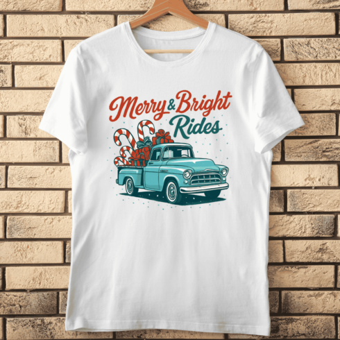 Merry & Bright Rides Typography With Vintage Truck T-shirt Design cover image.