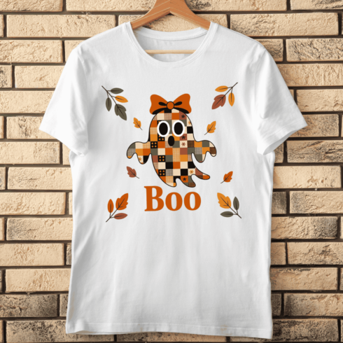 Autumn Patchwork Ghost and Leaves T-shirt Design cover image.