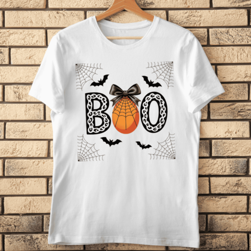 Boo with Spiderweb, Bats, and Black Bow T-shirt Design cover image.