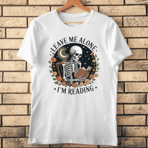 Floral Skeleton Holding a Book T-Shirt Design cover image.