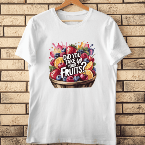 Colorful Fruit Bowl with Text T-Shirt Design cover image.