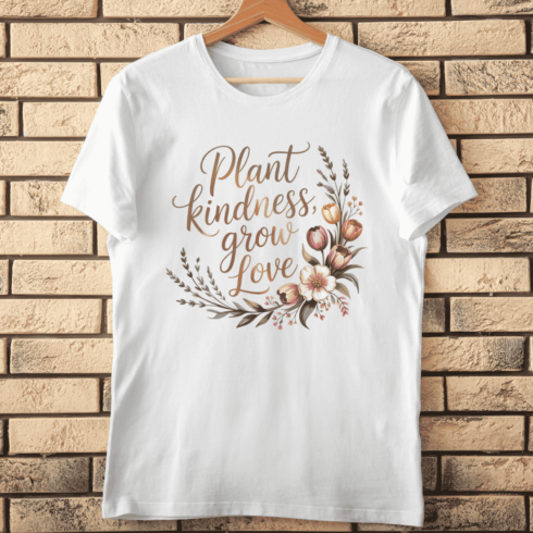 Plant Kindness, Grow Love Floral Typography T-shirt Design cover image.