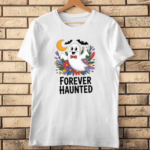Cute Ghost with Floral Wreath T-shirt Design cover image.