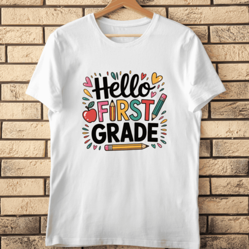 First Grade with Pencils and Hearts T-Shirt Design cover image.