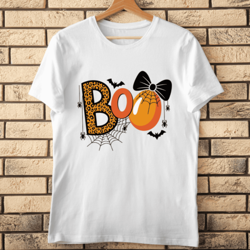 Stylish Boo Typography with Leopard Print T-shirt Design cover image.