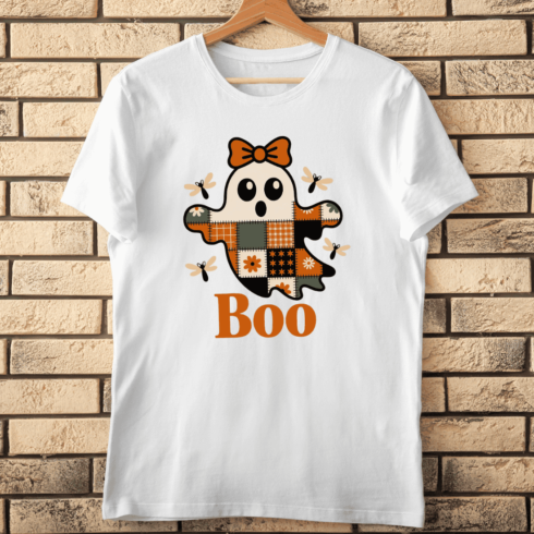 Cute Plaid Ghost with Bow T-shirt Design cover image.