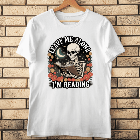 Funny and Spooky Reading Skeleton T-Shirt Design cover image.