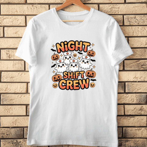 Night Shift Crew with Cute Ghost Nurses T-Shirt Design cover image.