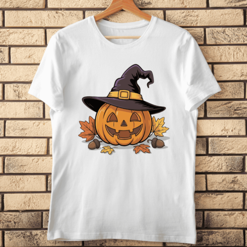 Cute Pumpkin and Autumn Leaves T-shirt Design cover image.