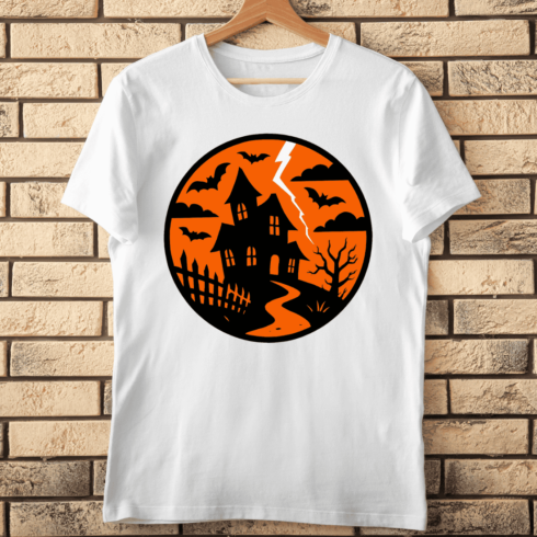 Haunted House with Lightning and Bats Silhouette T-shirt Design cover image.