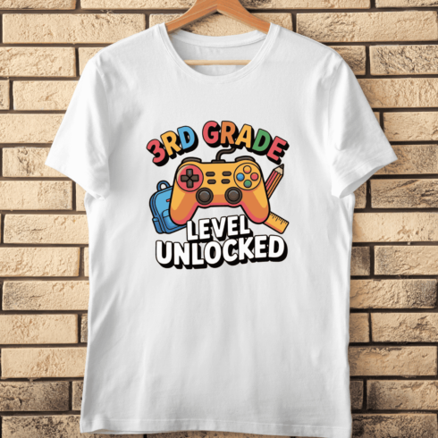 Level Unlocked 3rd Grade Retro Gaming T-Shirt Design cover image.