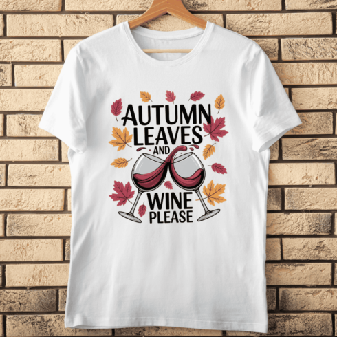 Autumn Leaves and Wine Please T-shirt Design cover image.