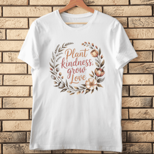 Plant Kindness, Grow Love Lettering with Floral Wreath T-shirt Design cover image.