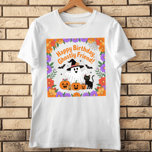 Happy Birthday, Ghostly Friend! T-shirt Design cover image.