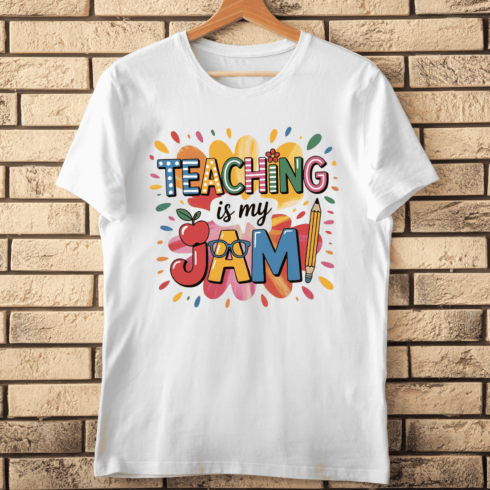 Happy Teacher Text and School Supplies T-Shirt Design cover image.