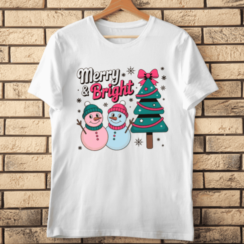 Merry & Bright with Snowmen and Pine Tree T-shirt Design cover image.