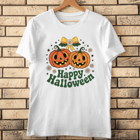 Retro Groovy Happy Halloween with Two Pumpkins T-shirt Design cover image.