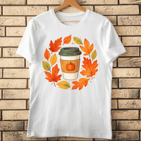 Autumn Coffee with Fall Leaves T-shirt Design cover image.