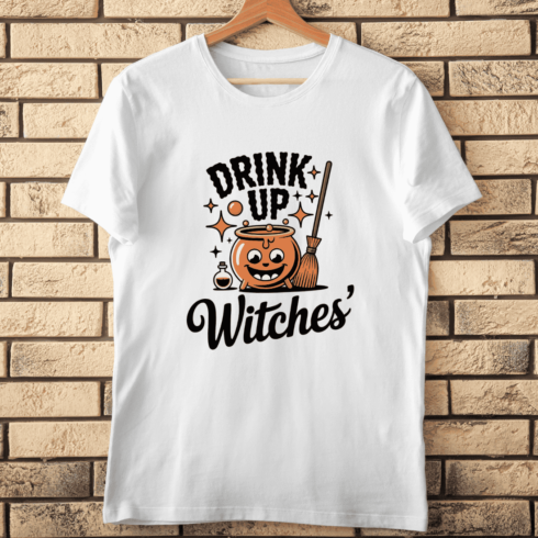 Witch and Broom Drink T-shirt Design cover image.