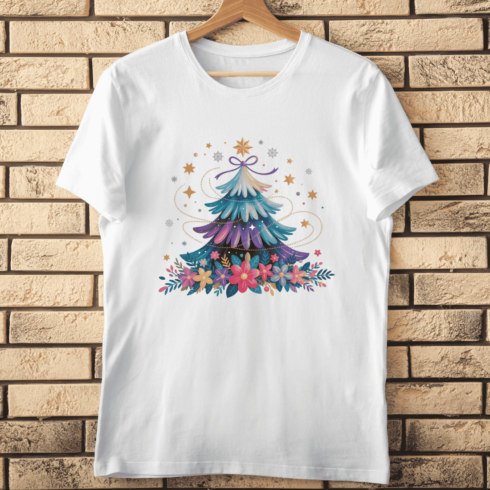 Festive Gradient Tree and Floral Wreath T-shirt Design cover image.