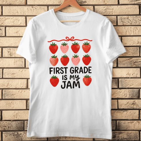 First Grade is My Jam Cute Strawberry T-Shirt Design cover image.