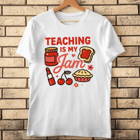 Teaching is My Jam with Cherries and Flowers T-Shirt Design cover image.