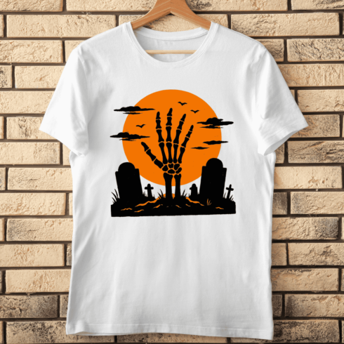 Skeleton Hand Rising from Grave with Full Moon T-shirt Design cover image.