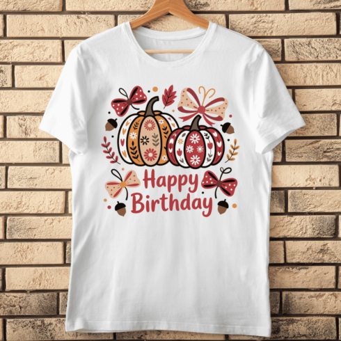 Autumn Birthday Pumpkins with Bows and Flowers T-shirt Design cover image.