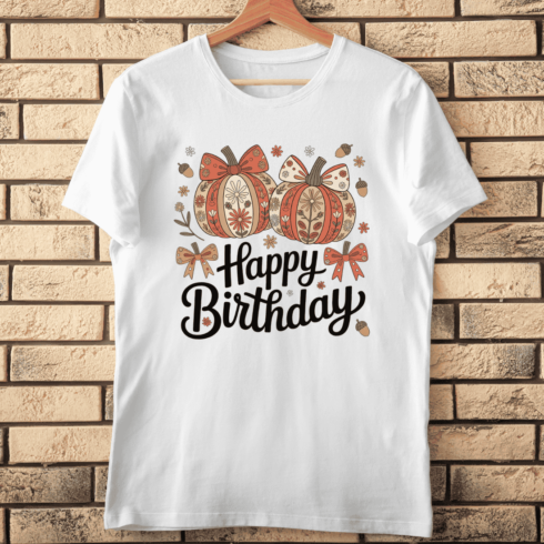 Autumn Birthday with Floral Pumpkins T-shirt Design cover image.