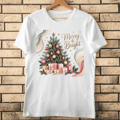 Elegant Watercolor Merry & Bright T-shirt Design cover image.