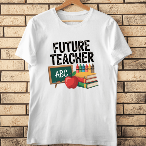 Chalkboard, Books, and Crayons Teacher T-Shirt Design cover image.