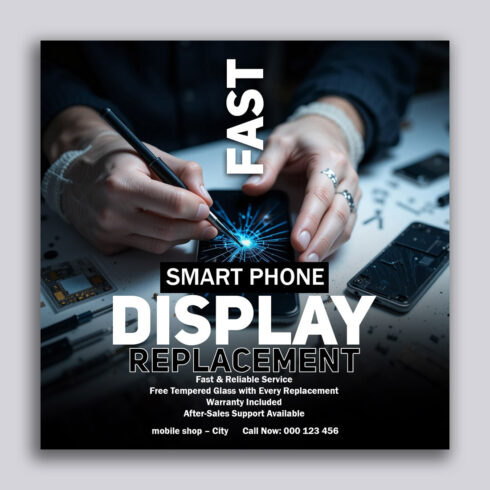 Fast Smartphone Display Replacement PSD Template – Mobile Repair Shop Advertising Design cover image.