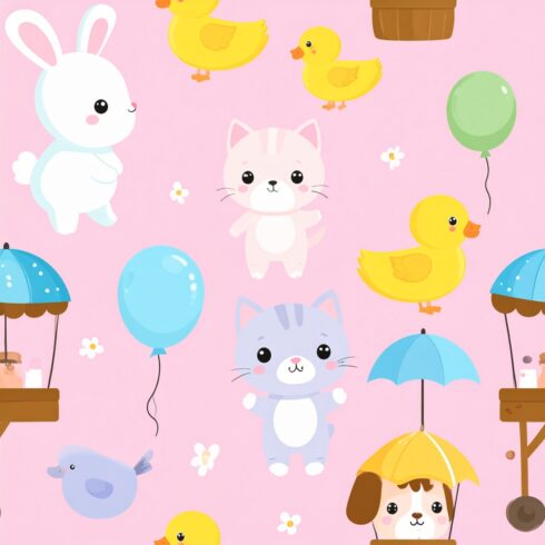 Cute Bunny and Duck Seamless Pattern – Adorable Animal Design on Pink Background cover image.