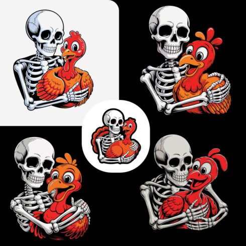 5 Design Skeleton hugging happy turkey embrace black background Fall/ Autumn EPS PNG T shirt Design cover image.