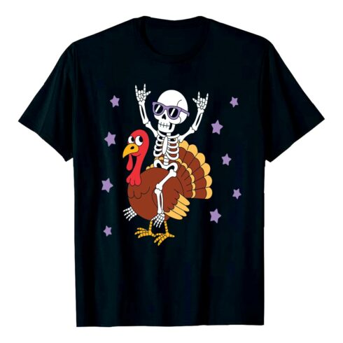 Skeleton riding turkey with sunglasses and stars image Fall/ Autumn EPS PNG T shirt Design cover image.