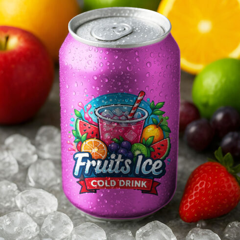Colorful Fruit Drink Can Mockup with Ice and Fresh Fruits cover image.