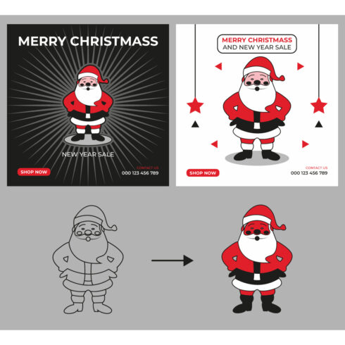 Christmas sales on social media and Santa Claus Line Art Design cover image.