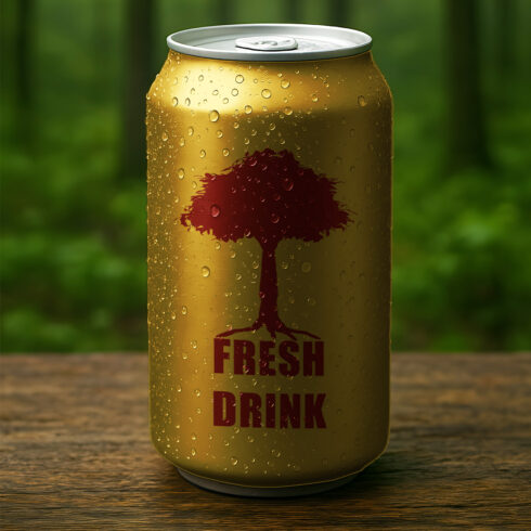 Golden Drink Can Mockup with Water Droplets in Forest Background cover image.