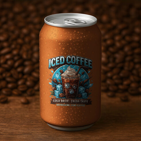 Realistic Iced Coffee Drink Can Mockup with Coffee Beans Background cover image.
