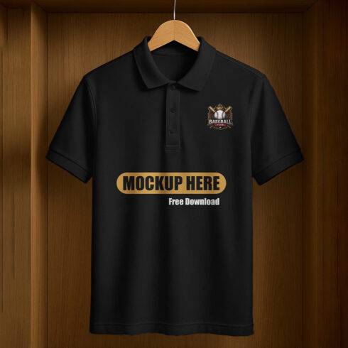 Free Download Realistic Black Polo Shirt Mockup on Wooden Hanger – Editable Design Template cover image.