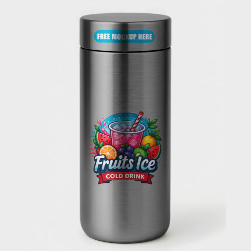 Free Download Stainless Steel Tumbler Mockup with Colorful Fruit Drink Logo – Editable Design Template cover image.