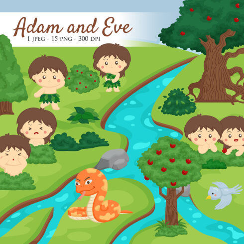 Adam and Eve God Bible Story Religion Symbol World Beginning Christianity Biblical Faith Cartoon Illustration Vector Clipart Sticker Decoration Background cover image.