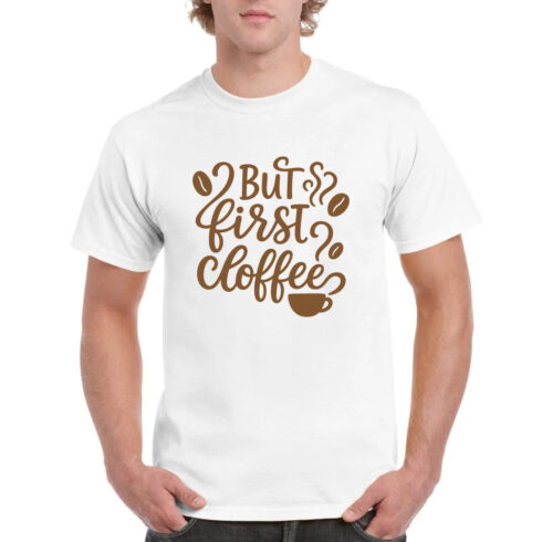 But First Coffee Funny T-shirt Brown Script Tee cover image.