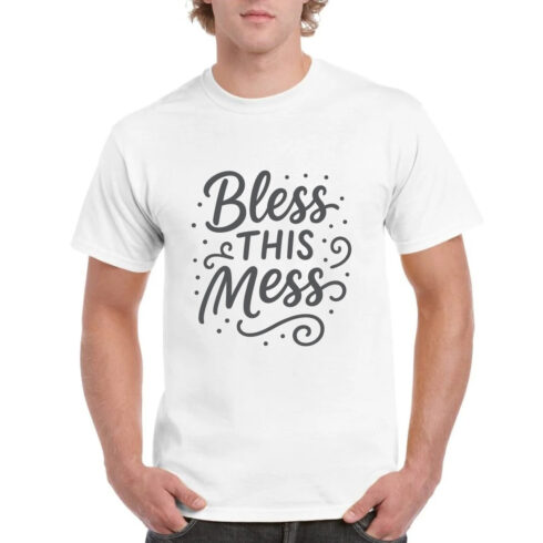 Bless This Mess Gray Script Typography T-Shirt cover image.