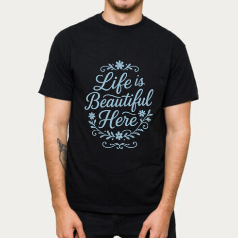 Life is Beautiful Here Blue Floral Black T-Shirt cover image.