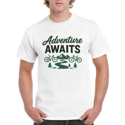 Adventure Awaits Mountain Biking Cycling T-Shirt cover image.